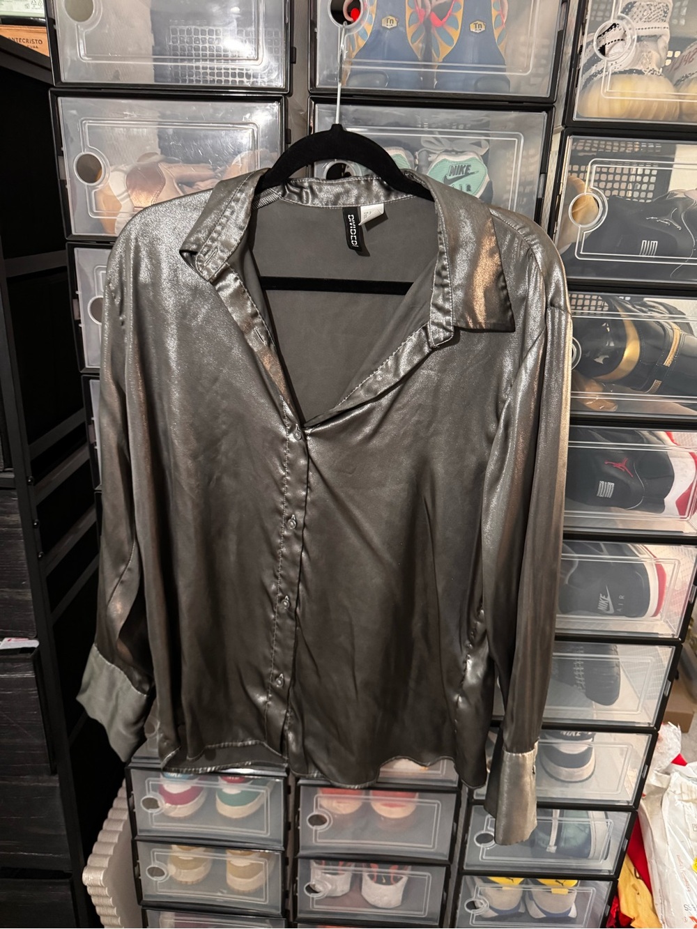 Divided Metallic Silver Button-Front Blouse